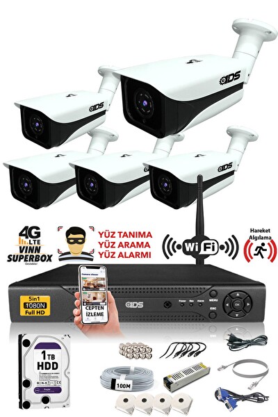 IDS 5 Kameralı 5MP Sony Lensli 1080p Full HD Cepten İzle 1 TB Dış Güvenlik Kamerası Sistemi DS-7070HD-SET5-1TB