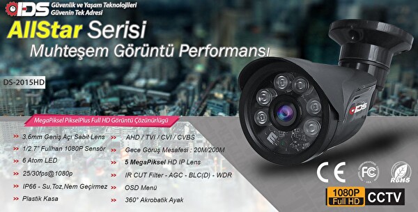 IDS 2 Kameralı 5 MP Sony Lensli 1080p Full HD Hard Disksiz Güvenlik Kamerası Sistemi DS-2015HD-SET2-NOHDD-BLACK