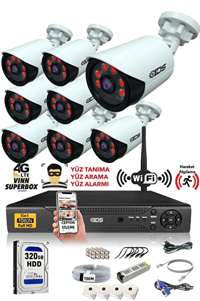 IDS 8 Kameralı 5MP Lensli 1080p Full HD Gece Görüşlü Su Geçirmez Cepten İzle Kamera Seti DS-2020HD-SET8