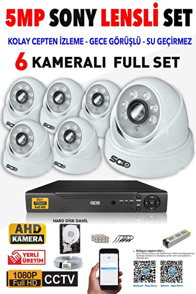 IDS 6 Kameralı 5MP Sony Lensli 1080p Full HD Cepten İzle 500 İç Güvenlik Kamerası Sistemi D-2028HD-SET6-500