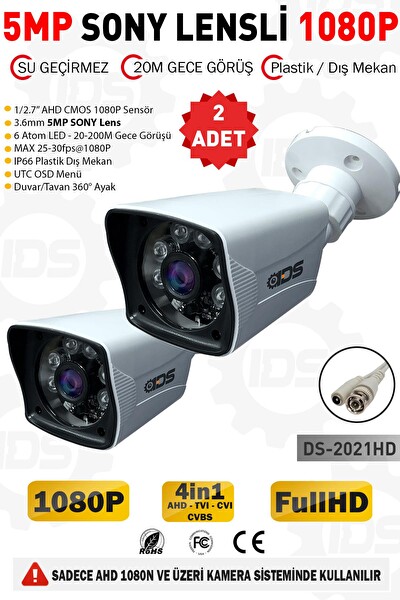 IDS 5mp Lensli 1080p FullHD AHD Su Geçirmez Gece Görüşlü Güvenlik Kamerası Sistemleri 2 Adet DS-2021HD2
