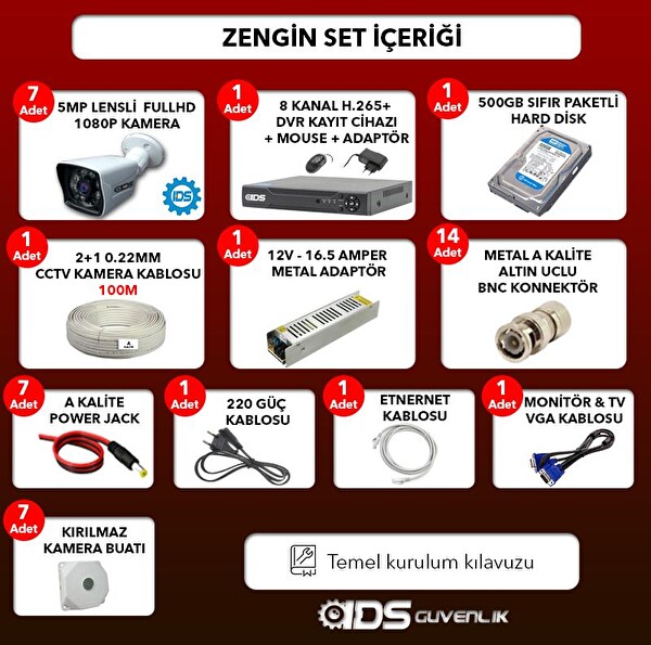 IDS Cepten İzle 500 Dış 7 Kameralı 5mp Sony Lensli 1080p FullHD Güvenlik Kamerası Sistemi DS-2021HD-SET7-500