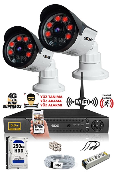 IDS 2 Kameralı 5MP Sony Lensli 1080p Full HD Cepten İzle 250 Dış Güvenlik Kamerası Sistemi DS-2015HD-SET2-250-X