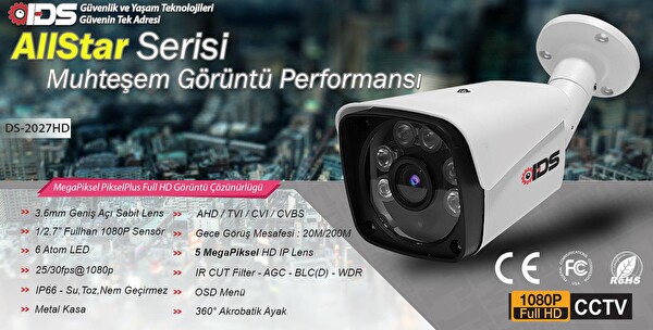 IDS 7 Kameralı 5MP Sony Lensli Full HD Gece Görüşlü 320 Dış Güvenlik Kamerası Sistemi DS-2027HD-SET7-320