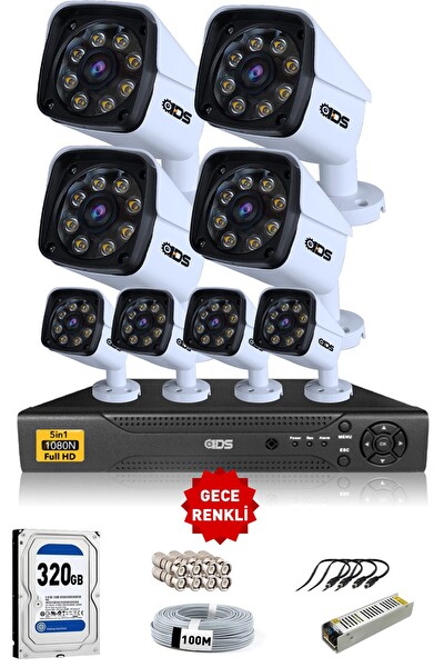 IDS 8 Kameralı 5 MP Sony Lensli 1080P FHD Su Geçirmez Cepten İzle Gece Renkli Full Kamera Seti DS-2034HD-WL-SET8-320