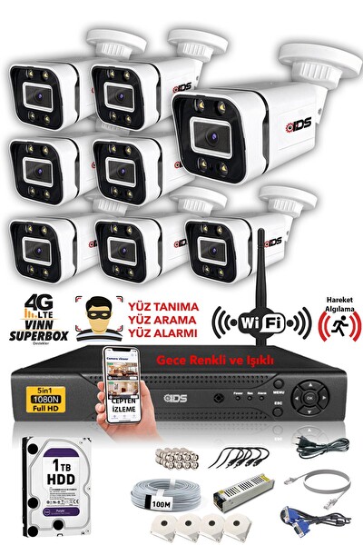 IDS 8 Kameralı 5 MP Sony Lensli 1080P FHD Su Geçirmez Cepten İzle Gece Renkli Full Kamera Seti DS-2031HD-WL-SET8-1TB