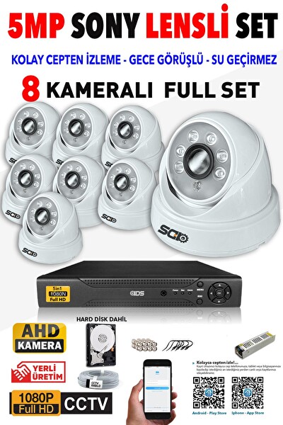 IDS 8 Kameralı 5 MP Sony Lensli 1080p FHD Cepten İzle 500 İç Güvenlik Kamerası Sistemi D-2028HD-SET8-500