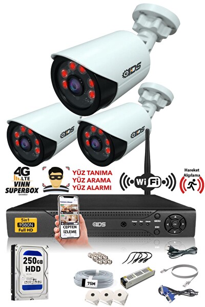 IDS 3 Kameralı 5 MP Sony Lensli 1080p Full HD Cepten İzle 250 Dış Güvenlik Kamerası Sistemi DS-2020HD-SET3-250-X