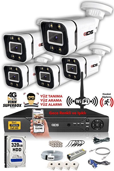 IDS 5 Kameralı 5 MP Sony Lensli̇ 1080p Full HD Su Geçirmez Cepten İzle Gece Renkli̇ Full Kamera Seti DS-2031HD-WL-SET5-320