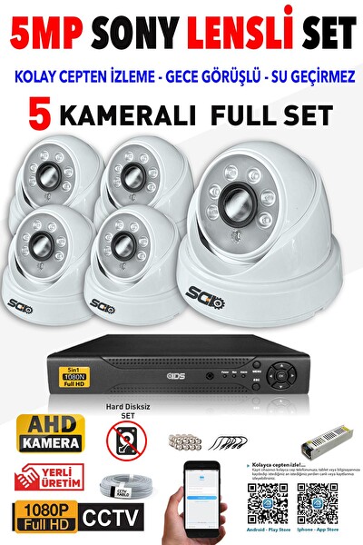 IDS Hard Disksiz 5 Kameralı 5mp Sony Lensli 1080p Fullhd Güvenlik Kamerası Sistemi D-2028HD-SET5-NOHDD