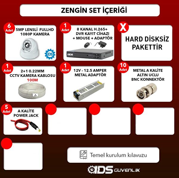 IDS Hard Disksiz 5 Kameralı 5mp Sony Lensli 1080p Fullhd Güvenlik Kamerası Sistemi D-2028HD-SET5-NOHDD