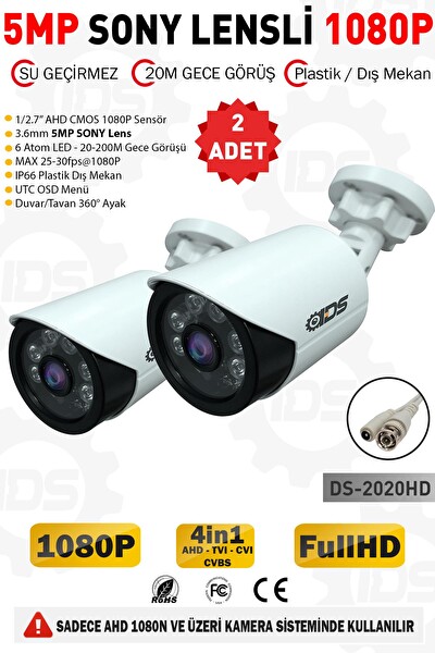 IDS 5mp Lensli 1080p FullHD AHD Su Geçirmez Gece Görüşlü Güvenlik Kamerası 2 Adet DS-2020HD2