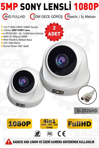 IDS 5mp Lensli 1080p FullHD AHD İç Mekan Gece Görüşlü Güvenlik Kamerası 2 Adet D-2026HD2
