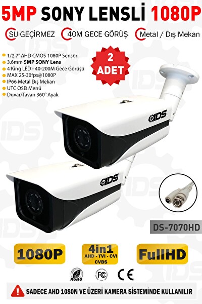 IDS 5 MP Lensli 1080p Fullhd AHD Su Geçirmez Gece Görüşlü Güvenlik Kamerası 2 Adet DS-7070HD2