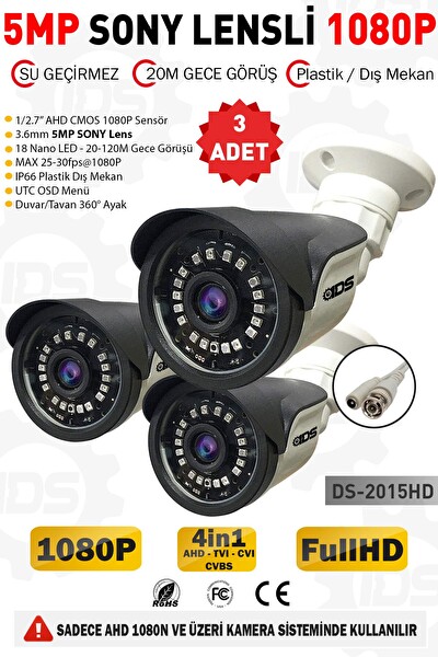 IDS 5 MP Lensli 1080p Fullhd AHD Su Geçirmez Gece Görüşlü Güvenlik Kamerası 3 Adet DS-2015HD3