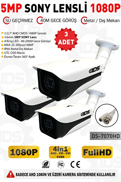 IDS 5 MP Lensli 1080p Fullhd AHD Su Geçirmez Gece Görüşlü Güvenlik Kamerası 3 Adet DS-7070HD3