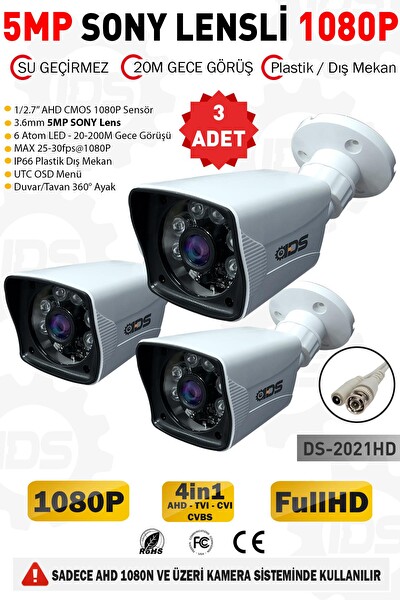 IDS 5 MP Lensli 1080p Fullhd AHD Su Geçirmez Gece Görüşlü Güvenlik Kamerası 3 Adet DS-2021HD3