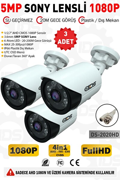 IDS 3 Kameralı 5 MP Lensli 1080p Full HD AHD Gece Görüşlü Su Geçirmez Güvenlik Kamerası Kamera Sistemleri DS-2020HD3