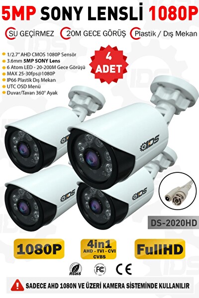 IDS 4 Kameralı 5 MP Lensli 1080p Full HD AHD Gece Görüşlü Su Geçirmez Güvenlik Kamerası Kamera Sistemleri DS-2020HD4