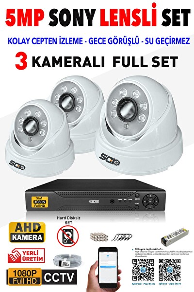 IDS 3 Kameralı 5 MP Sony Lensli 1080p Full HD Hard Disksiz Güvenlik Kamerası Sistemi D-2028HD-SET3-NOHDD