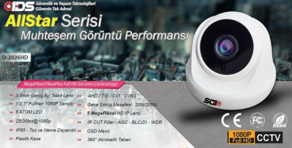 IDS 1 Kameralı 5 MP Sony Lensli 1080p Full HD Hard Disksiz Güvenlik Kamerası Sistemi D-2026HD-SET1-NOHDD