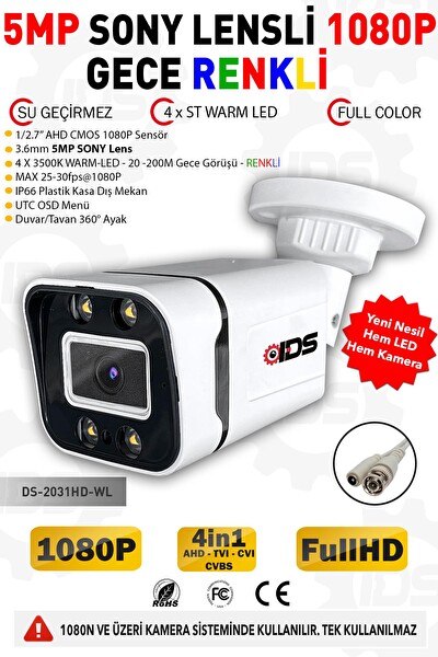 IDS Gece Renkli 5 MP Sony Lens 1080p FHD AHD Güvenlik Kamerası 4xUltra LED Plastik Kasa 3 Adet DS-2031HD3-WL
