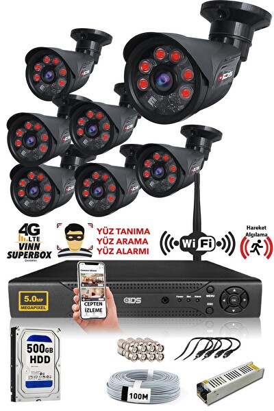 IDS 7 Kameralı 5 MP Sony Lensli 1080p FHD Cepten İzle 500 Dış Güvenlik Kamerası Sistemi DS-2015HD-SET7-500-BLACK