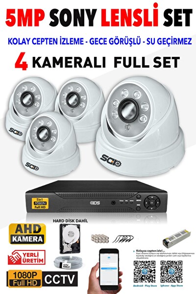 IDS 4 Kameralı 5 MP Sony Lensli 1080p Full HD Cepten İzle 320 İç Güvenlik Kamerası Sistemi D-2028HD-SET4-320