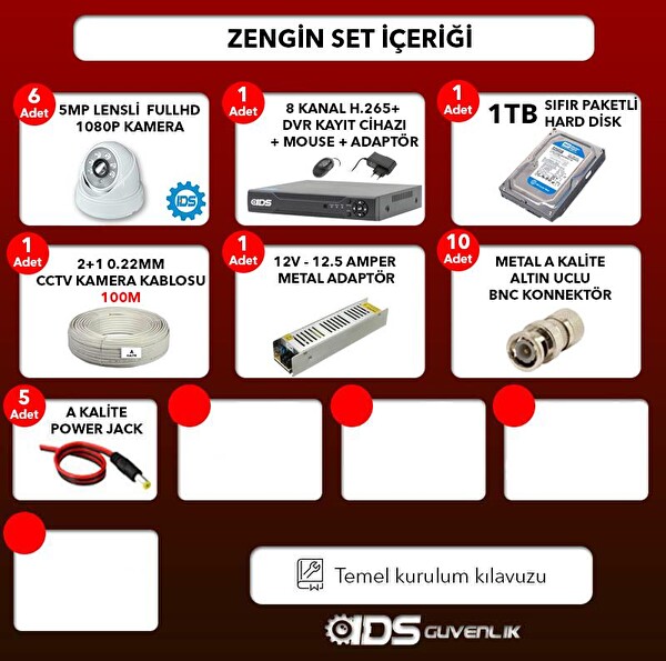 IDS 5 Kameralı 5 MP Sony Lensli 1080p Full HD Cepten İzle 1 TB İç Güvenlik Kamerası Sistemi D-2028HD-SET5-1TB