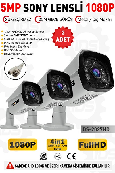 IDS 3 Kameralı 5 MP Lensli 1080p Full HD AHD Gece Görüşlü Su Geçirmez Kamera Sistemleri Güvenlik Kamerası DS-2027HD3