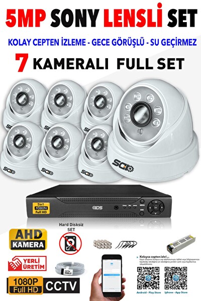 IDS 7 Kameralı 5 MP Sony Lensli 1080p Full HD Hard Disksiz Güvenlik Kamerası Sistemi D-2028HD-SET7-NOHDD