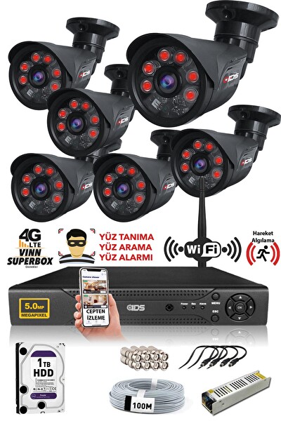 IDS 6 Kameralı 5MP Sony Lensli 1080P Full HD Cepten İzle 1 TB Dış Güvenlik Kamerası Sistemi DS-2015HD-SET6-1TB-BLACK