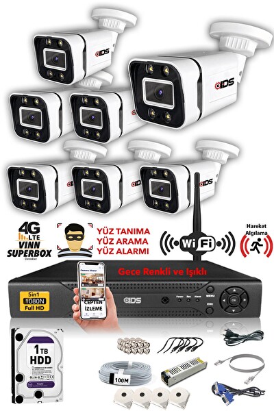IDS 7 Kameralı 5MP Sony Lensli 1080P Full HD Gece Renkli Su Geçirmez Cepten İzle Full Kamera Seti DS-2031HD-WL-SET7-1TB