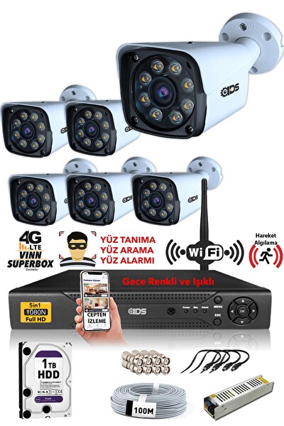 IDS 6 Kameralı 5MP Sony Lensli 1080P Full HD Gece Renkli Su Geçirmez Cepten İzle Kamera Seti DS-2034HD-WL-SET6-1TB
