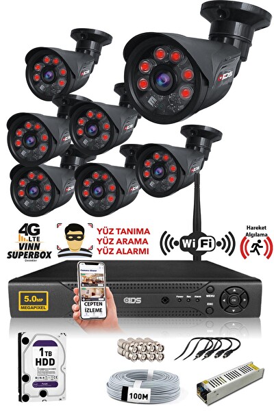 IDS 7 Kameralı 5MP Sony Lensli 1080P FullHD Cepten İzle 1 TB Dış Güvenlik Kamerası Sistemi DS-2015HD-SET7-1TB-BLACK
