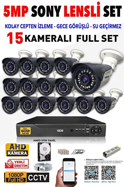 IDS 15 Kameralı 5 MP Sony Lensli FHD Gece Görüşlü Cepten İzle Güvenlik Kamerası Sistemi DS-2015HDSET15