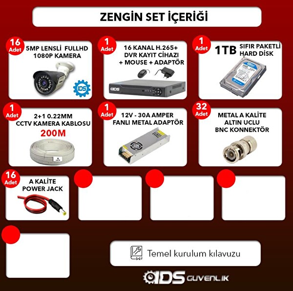 IDS 16 Kameralı 5MP Sony Lensli FHD Gece Görüşlü Cepten İzle Güvenlik Kamerası Sistemi DS-2015HDSET16