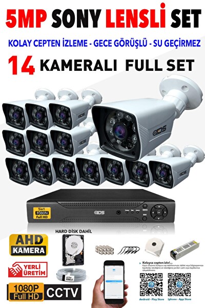 IDS 14 Kameralı 5 MP Lensli 1080p Gece Görüşlü Su Geçirmez Cepten İzle FHD Kamera Seti DS-2021HD-SET14