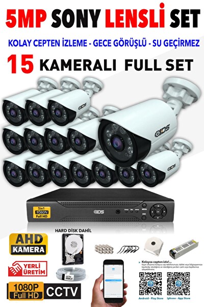 IDS 15 Kameralı 5 MP Lensli 1080p Gece Görüşlü Su Geçirmez Cepten İzle FHD Kamera Seti DS-2020HD-SET15
