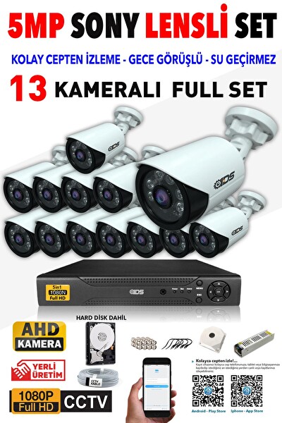 IDS 13 Kameralı 5MP Lensli 1080p Gece Görüşlü Su Geçirmez Cepten İzle FHD Kamera Seti DS-2020HD-SET13