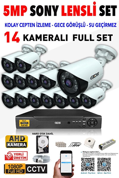 IDS 14 Kameralı 5 MP Lensli 1080p Gece Görüşlü Su Geçirmez Cepten İzle FHD Kamera Seti DS-2020HD-SET14