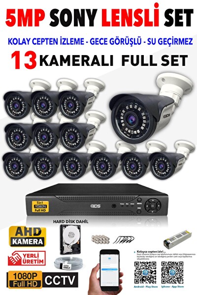 IDS 13 Kameralı 5 MP Sony Lensli FHD Gece Görüşlü Cepten İzle Güvenlik Kamerası Sistemi DS-2015HDSET13