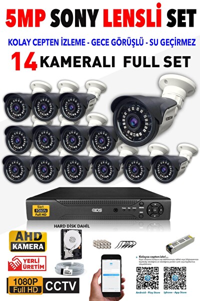 IDS 14 Kameralı 5 MP Sony Lensli FHD Gece Görüşlü Cepten İzle Güvenlik Kamerası Sistemi DS-2015HDSET14