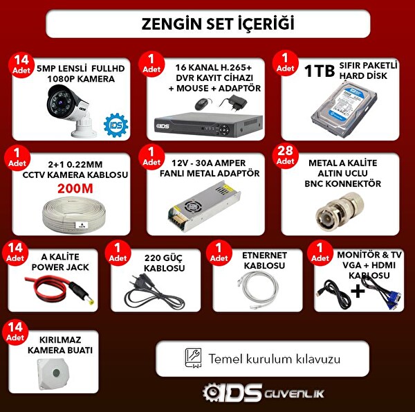 IDS 14 Kameralı 5 MP Sony Lensli FHD Gece Görüşlü Cepten İzle Güvenlik Kamerası Sistemi DS-2015HD-SET14-ARRAY
