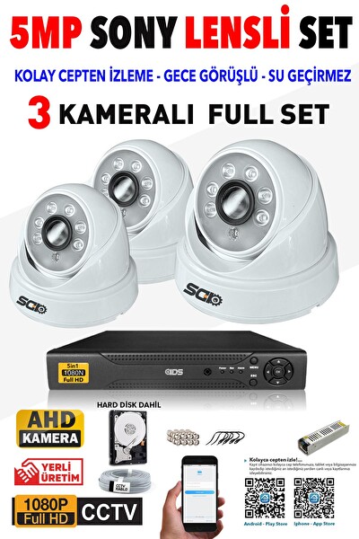 IDS Cepten İzle 250 İç 3 Kameralı 5mp Sony Lensli 1080p Fullhd Güvenlik Kamerası Sistemi - D-2028HD-SET3-250-X