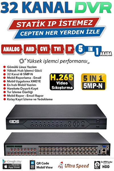 IDS 32 Kanal 5MP-N Fullhd H265 2xHDD Yuvası 16 Ses Sabit İp İstemez Xmeye Mobi̇l QR DVR Kayıt Cihazı - D-32K001AHD