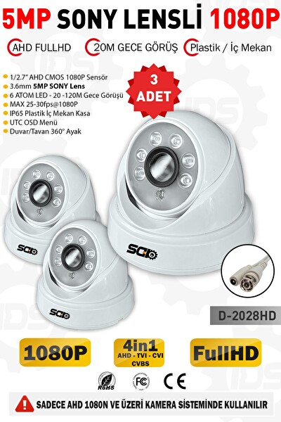 IDS 5mp Lensli 1080p Fullhd AHD Gece Görüşlü İç Mekan Güvenlik Kamerası 3 Adet D-2028HD3