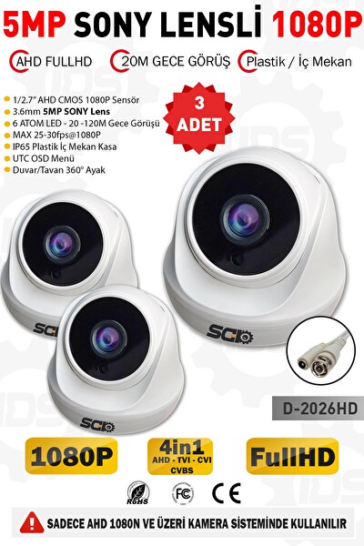 IDS 5mp Lensli 1080p Fullhd AHD Gece Görüşlü İç Mekan Güvenlik Kamerası 3 Adet D-2026HD3