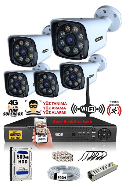 IDS 5 Kameralı 5 MP Sony Lensli 1080p Full HD Gece Renkli Su Geçirmez Cepten İzle Kamera Seti DS-2034HD-WL-SET5-500