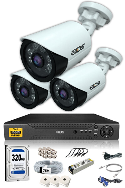 IDS 3 Kameralı 5 MP Lensli 1080p Full HD Gece Görüşlü Su Geçirmez Cepten İzle Kamera Seti DS-2020HD-SET3